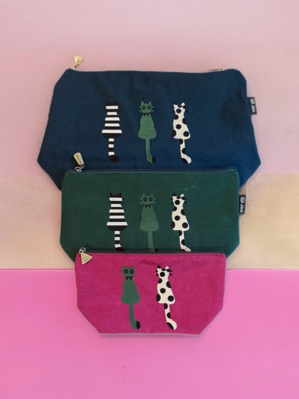 🆕💞Set Of 3 Bags Zip Closures Lined Navy Blue (L), Green (M) & Fuchsia (S) • NWOT
